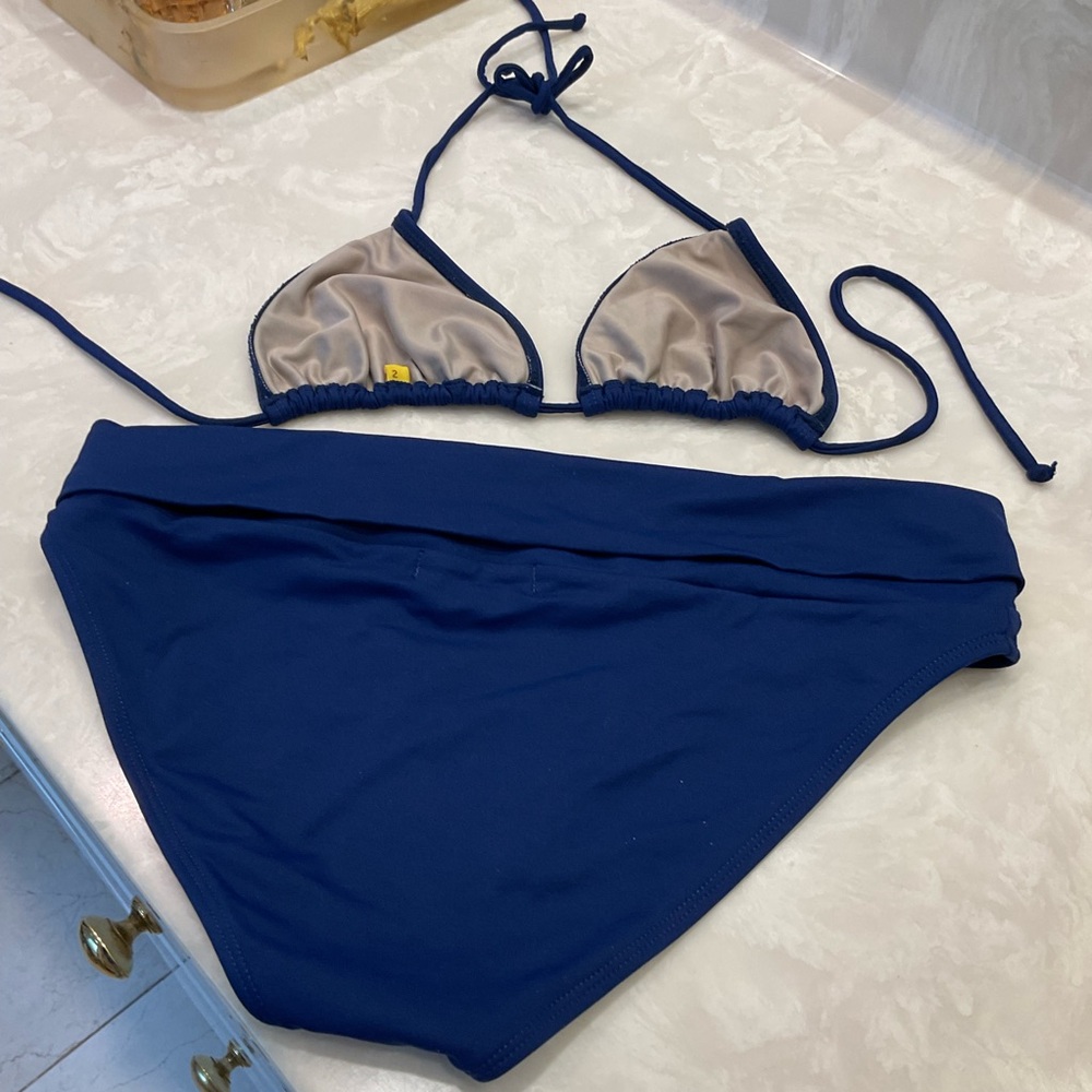 Jo de Mer Two Piece Navy Bikini, Triangle Top, Gold Ring Bottom Detail, Sz 2-Med - Picture 10 of 10
